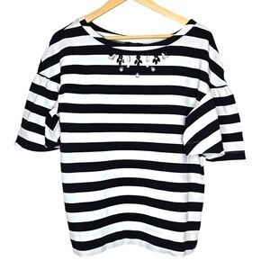 IMNYC Black and White Striped Blouse with Embellished Neckline Size L